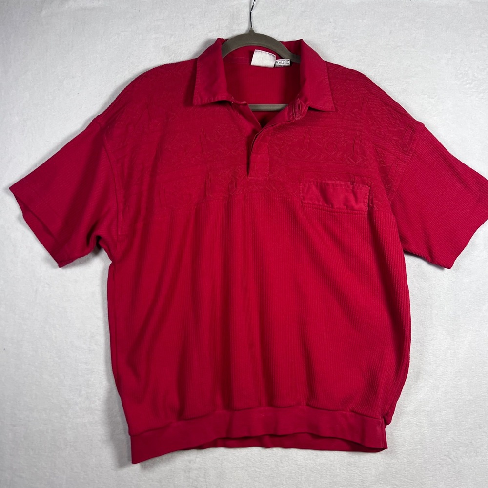 Vintage London Fog Mens Red Textured Knit Polo Shirt Short Sleeve Size Medium